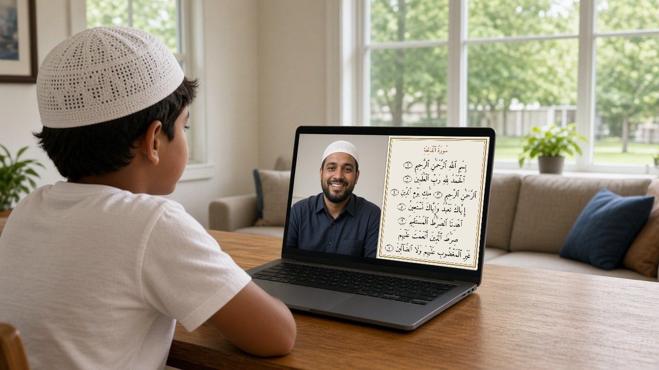 Child attending an online Quran class for kids on a laptop while the teacher screen-shares a Quran page